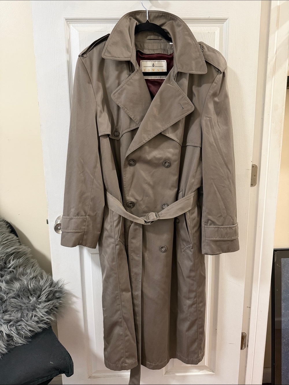 London Fog Taupe Double-Breasted Trench Coat with Belt—Unisex